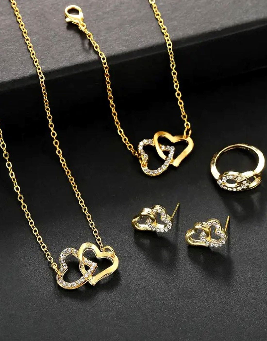4-Piece Heart Shape Golden Jewelry Set For Girls With Bracelet, Earrings, Necklace And Ring