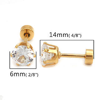Stainless steel studs, clear zircon, 6 mm diameter, screw-on cap