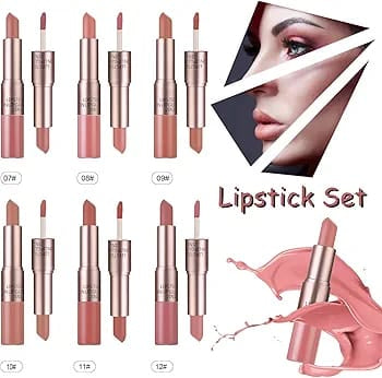 Lipstick Set Matte Nude Waterproof Durable Makeup Lip Gloss Non-Stick Cup Non Fade Water Shiny Lip Balm Matte 2 in 1 Set 6 Colours