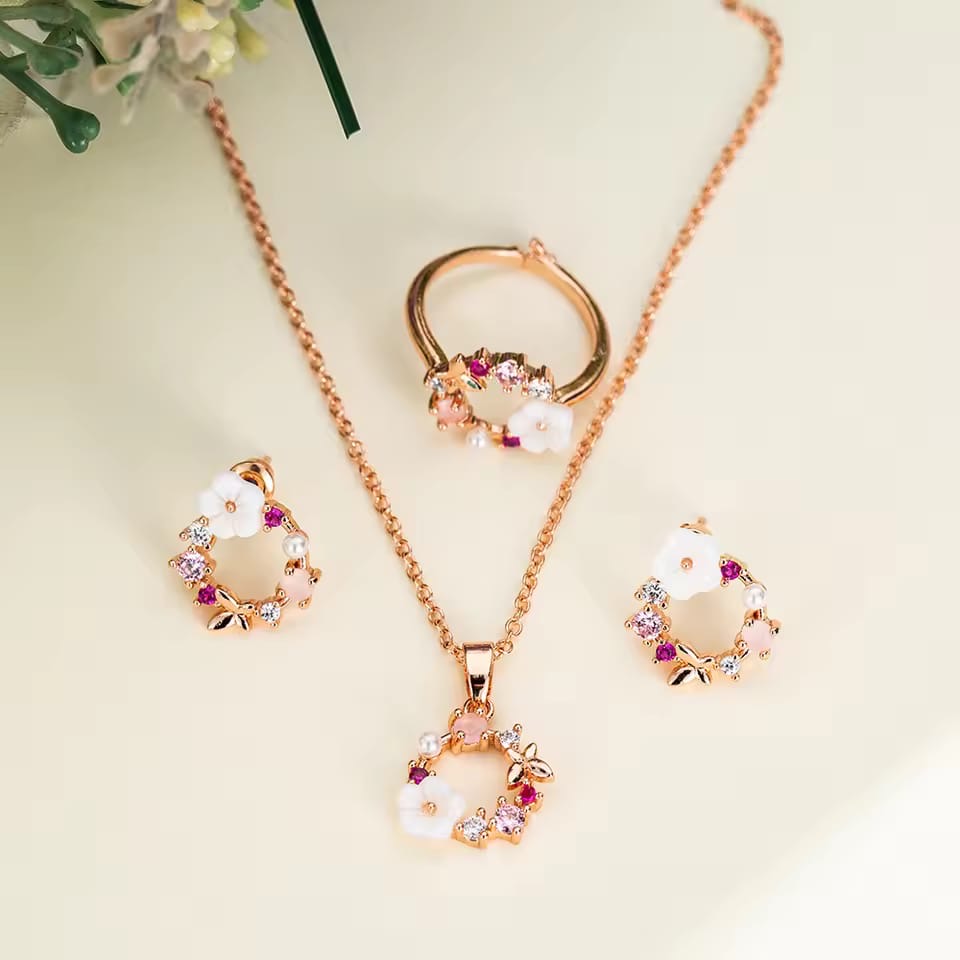 4pcs Luxury Floral Fashion Jewelry Set | Rose Golden Plated Copper Earrings, Ring, Necklace with Artificial Crystals