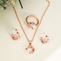 4pcs Luxury Floral Fashion Jewelry Set | Rose Golden Plated Copper Earrings, Ring, Necklace with Artificial Crystals