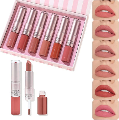 Lipstick Set Matte Nude Waterproof Durable Makeup Lip Gloss Non-Stick Cup Non Fade Water Shiny Lip Balm Matte 2 in 1 Set 6 Colours