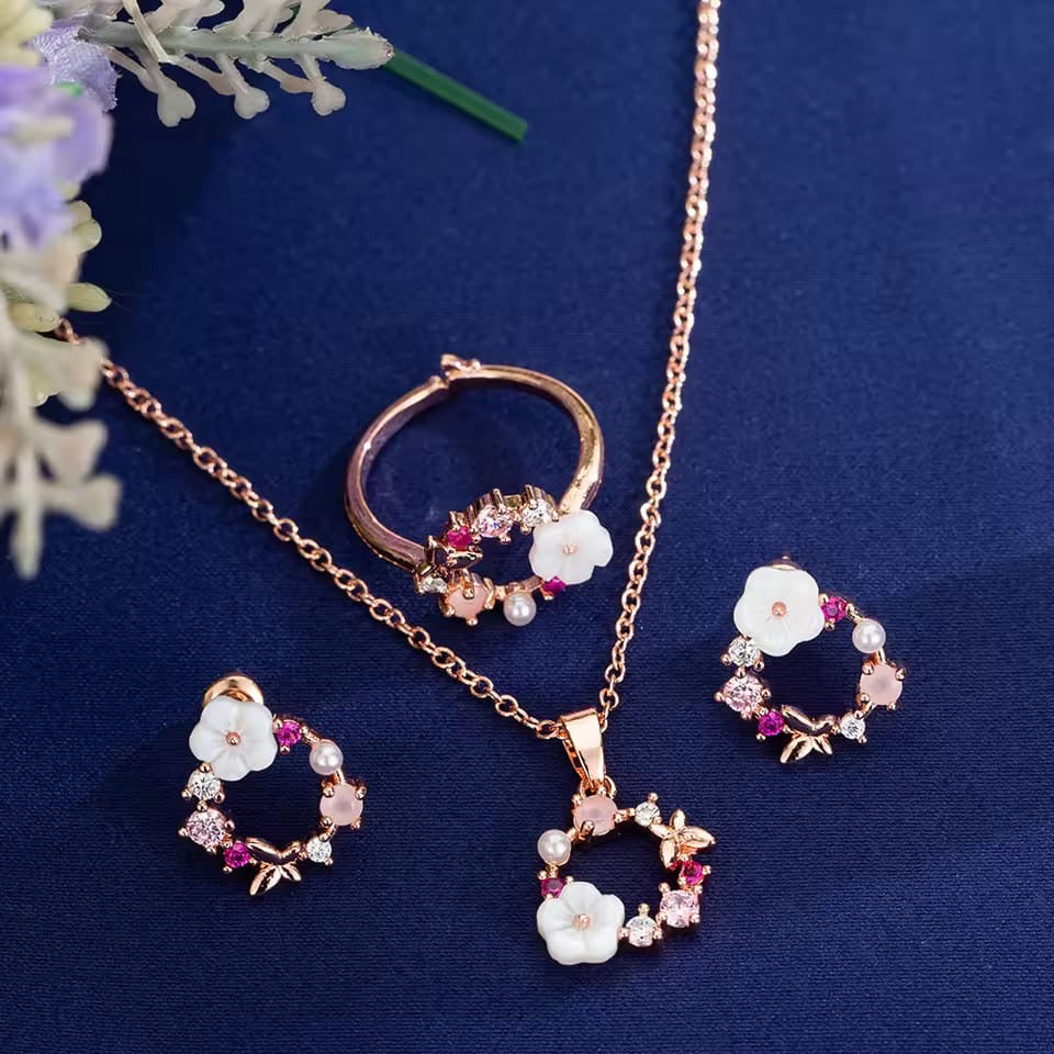 4pcs Luxury Floral Fashion Jewelry Set | Rose Golden Plated Copper Earrings, Ring, Necklace with Artificial Crystals