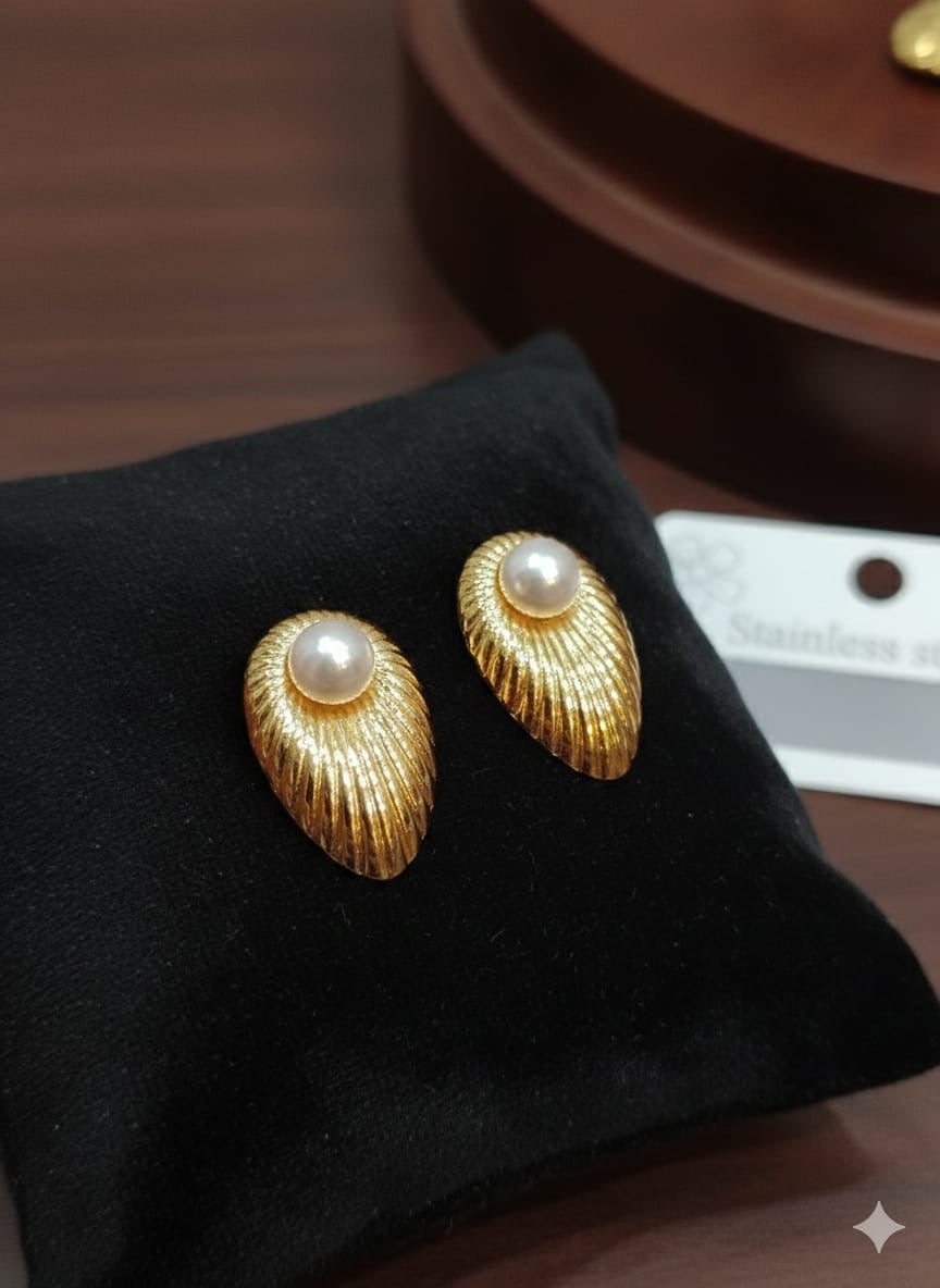 Elegant Shell Shape Pearl Ear Studs | Golden Earrings ✨