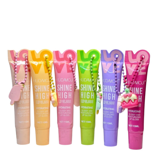 HUDAMOJI "Love" Shine High Lip Gloss Set – Hydrating & High-Shine Fruity Gloss with Keychain Charms