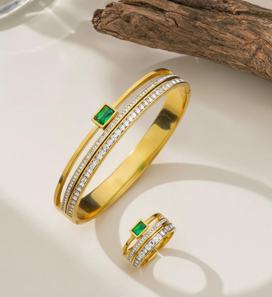 Green Rhinestone Bangle with Ring Combo