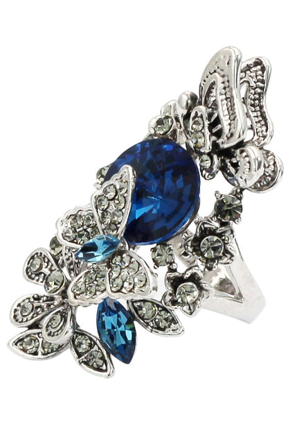 ELEGANT CRYSTAL BUTTERFLY AND FLOWER RING