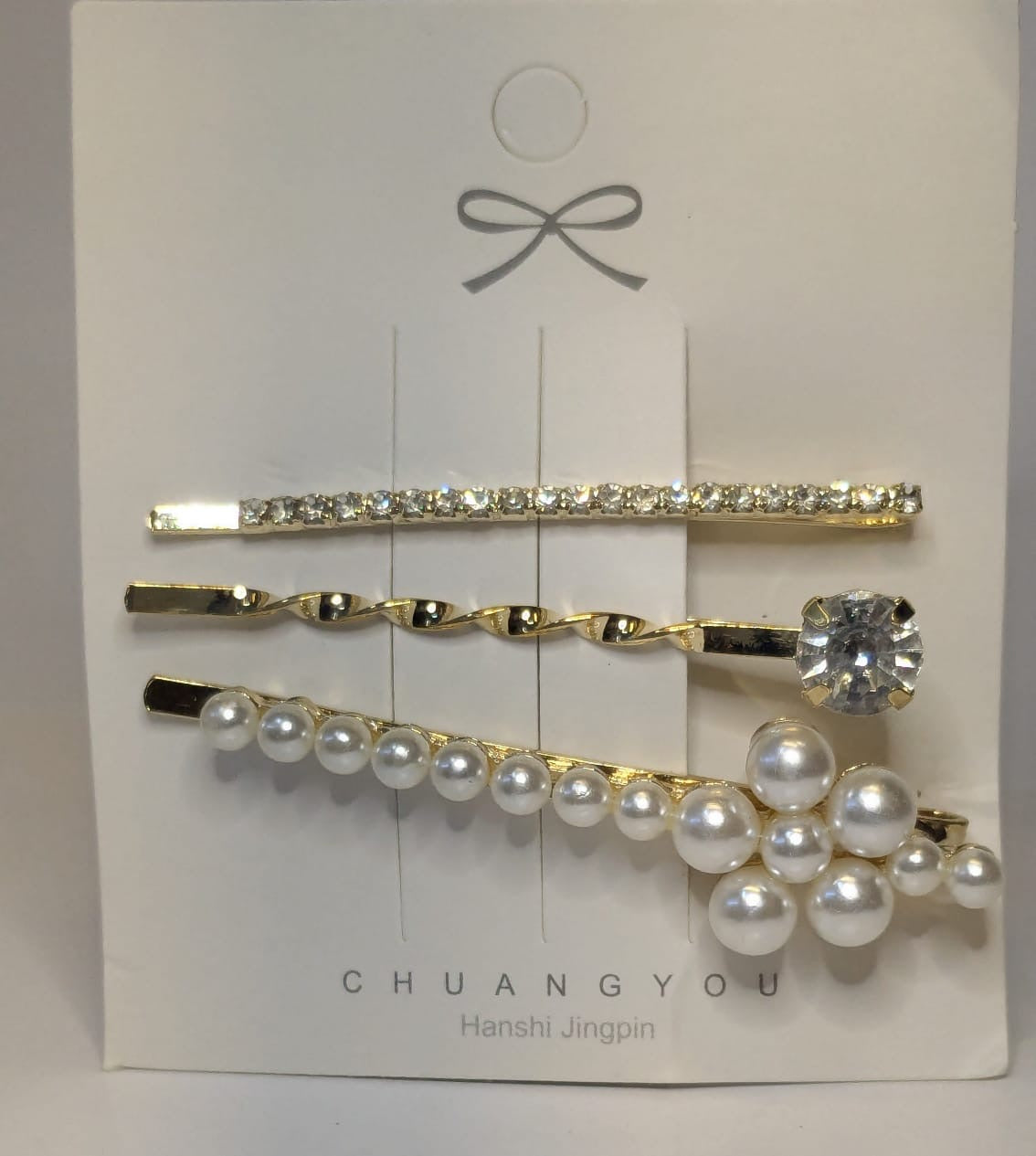 CHUANGYOU 4-Piece Gold Hair Clip Set with Rhinestones & Pearls – Elegant Hair Accessories by Hanshi Jingpin
