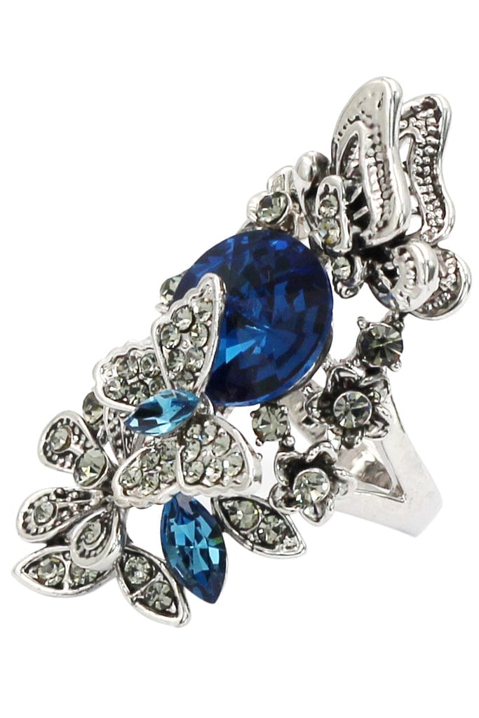 ELEGANT CRYSTAL BUTTERFLY AND FLOWER RING