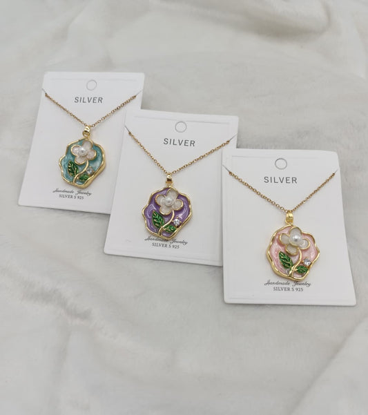 Freshwater Pearl Pendant Necklace Oval Enamel Floral Gold Necklace