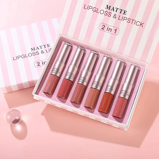 Lipstick Set Matte Nude Waterproof Durable Makeup Lip Gloss Non-Stick Cup Non Fade Water Shiny Lip Balm Matte 2 in 1 Set 6 Colours