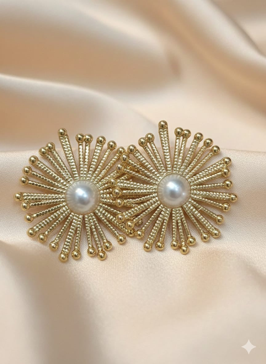 Golden Sunburst Pearl Ear Studs | Elegant