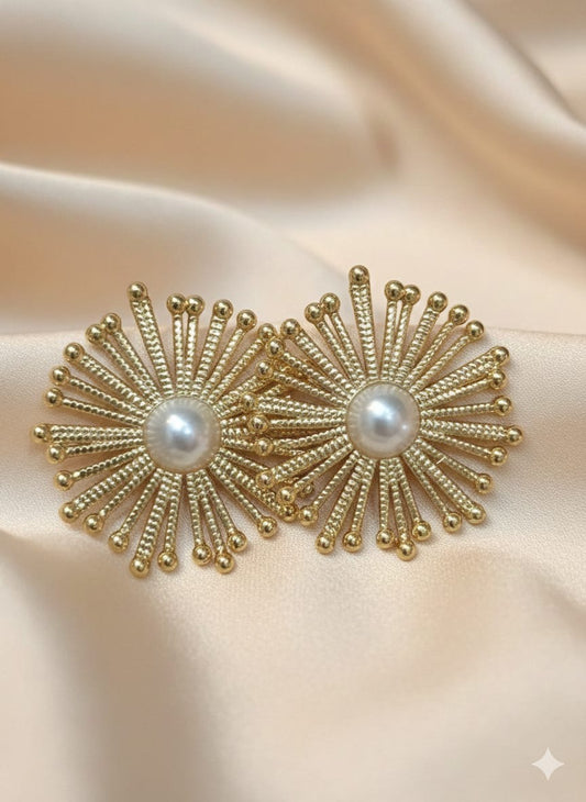 Golden Sunburst Pearl Ear Studs | Elegant