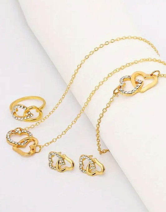 4-Piece Heart Shape Golden Jewelry Set For Girls With Bracelet, Earrings, Necklace And Ring