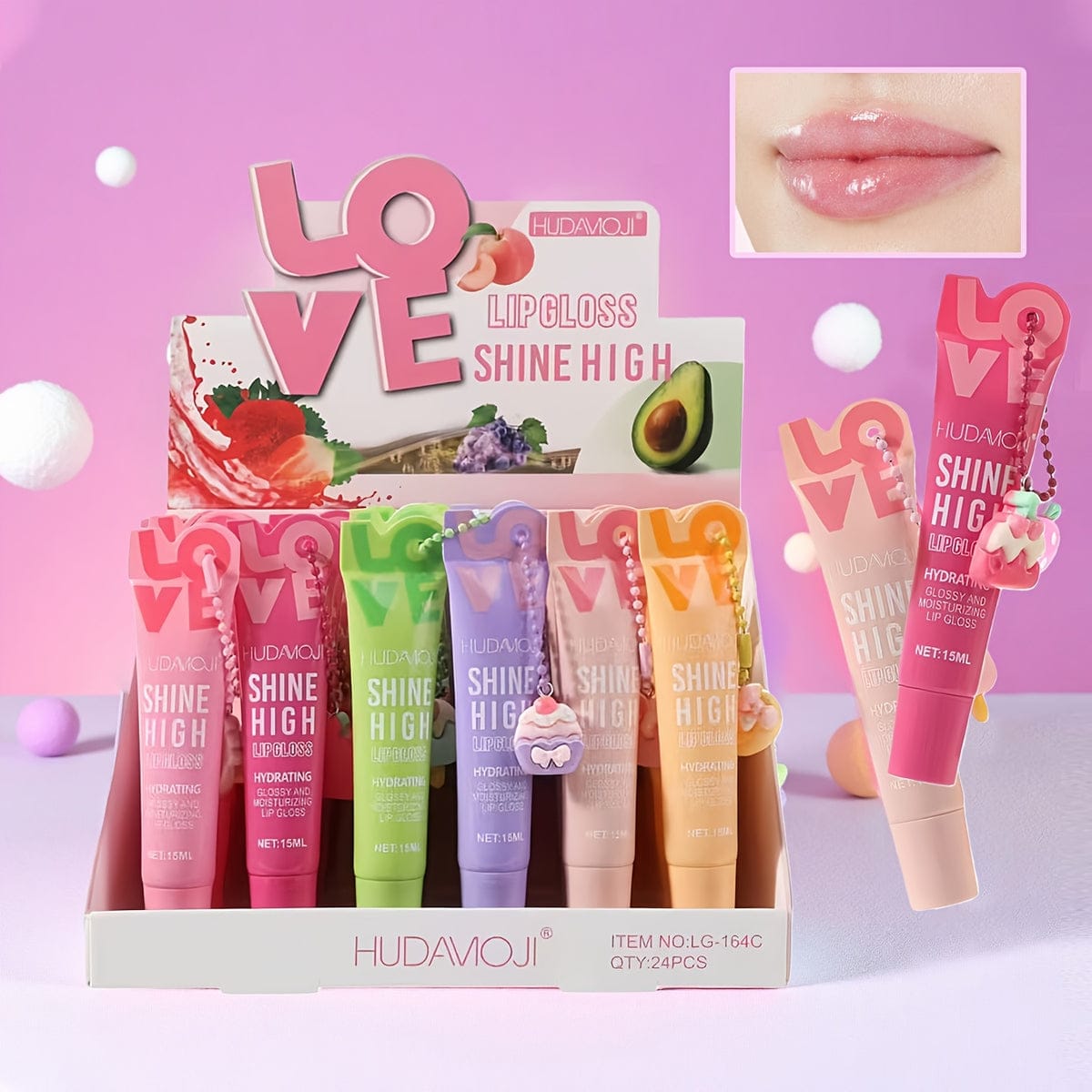HUDAMOJI "Love" Shine High Lip Gloss Set – Hydrating & High-Shine Fruity Gloss with Keychain Charms