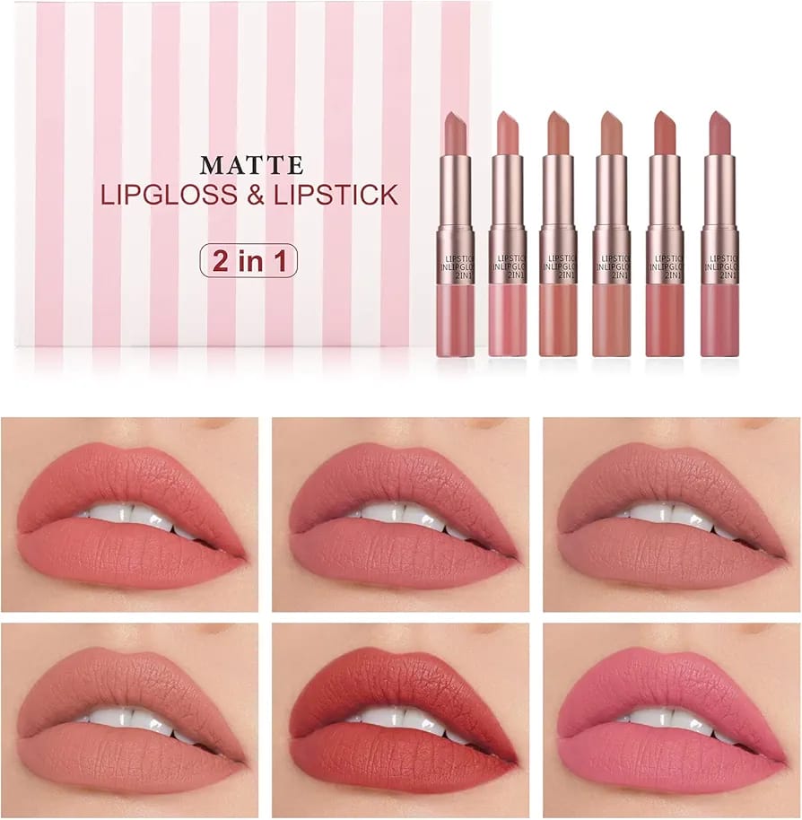 Lipstick Set Matte Nude Waterproof Durable Makeup Lip Gloss Non-Stick Cup Non Fade Water Shiny Lip Balm Matte 2 in 1 Set 6 Colours