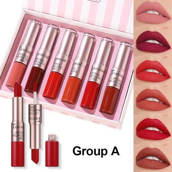 Lipstick Set Matte Nude Waterproof Durable Makeup Lip Gloss Non-Stick Cup Non Fade Water Shiny Lip Balm Matte 2 in 1 Set 6 Colours