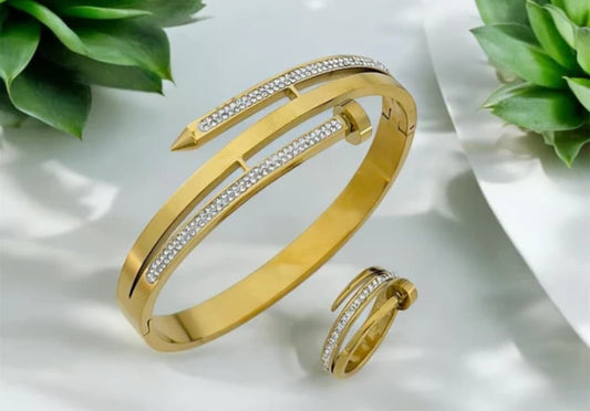 ✨ Stainless Steel Nail Design Diamond Openable Bracelet & Ring